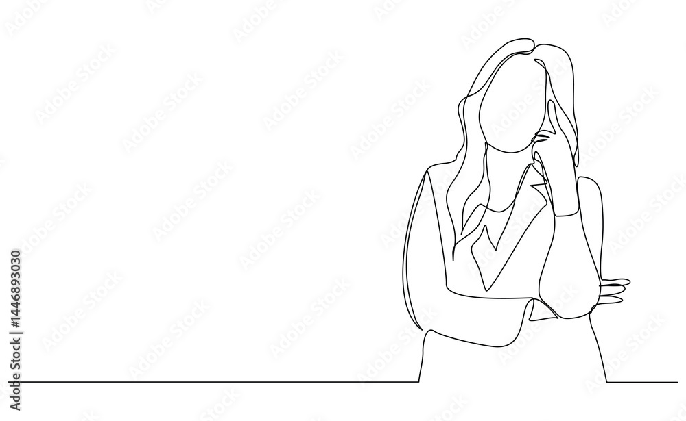 Continuous single line drawing of thinking woman. One line art of business woman thinking idea. Vector illustration sketch editable stroke Continuous single line drawing of thinking woman. One line art of business woman thinking idea. Vector illustration sketch editable stroke