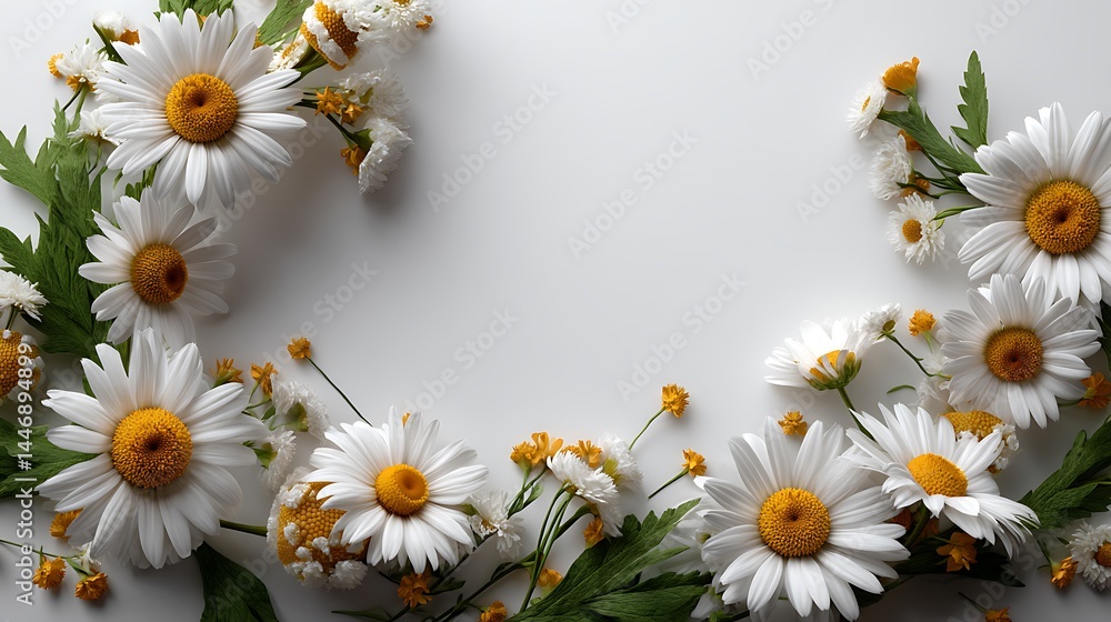 Obraz premium Top view floral frame of white daisies on wooden background minimal botanical poster and flower wreath layout