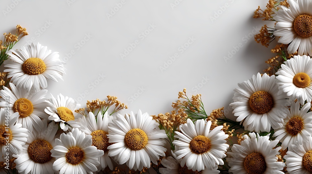 Obraz premium Floral top view frame with white wooden background minimal botanical poster natural flower mockup on wood table