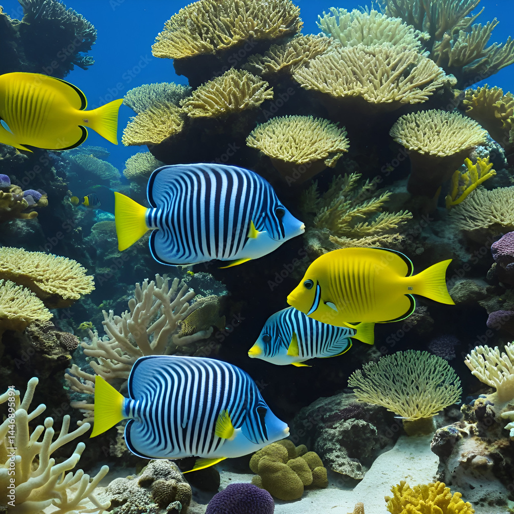 Fototapeta premium Zebrasoma flavescens and desjardinii swim among corals and actinides underwater. Real time, day, close-up