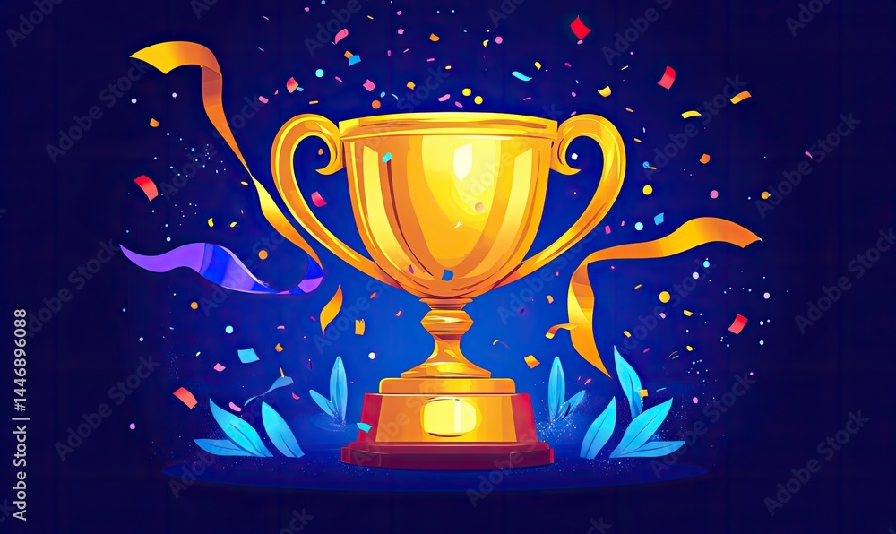 A golden trophy surrounded by confetti and ribbons, symbolizing achievement and victory A golden trophy surrounded by confetti and ribbons, symbolizing achievement and victory