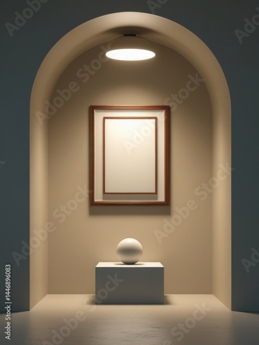 Mockup poster frame displayed in minimalist arched niche with pedestal and spotlight – Elegant gallery wall scene