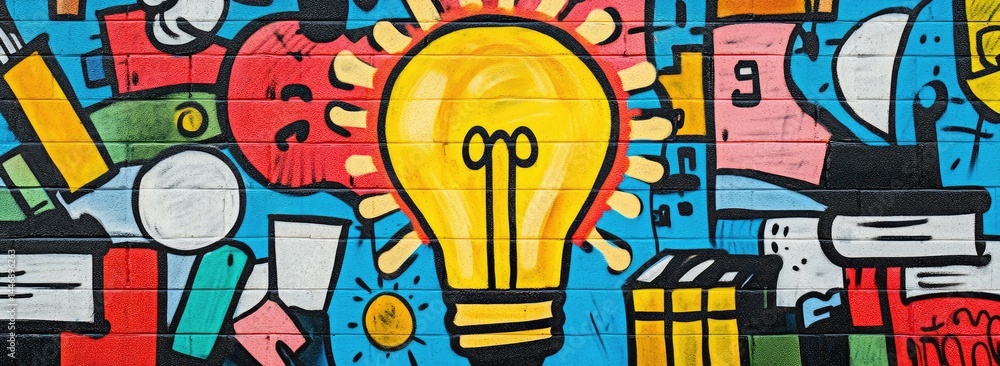 Obraz premium Colorful graffiti mural featuring a large lightbulb as its central element, surrounded by various abstract shapes and objects