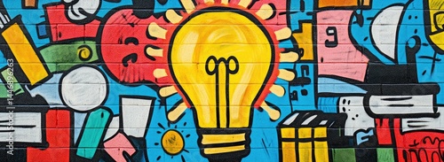 Colorful graffiti mural featuring a large lightbulb as its central element, surrounded by various abstract shapes and objects