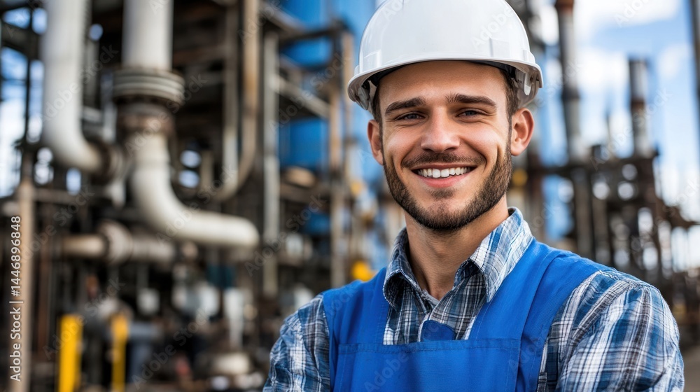 Man wearing hard hat and vest smiles in front of industrial plant. Man wearing hard hat and vest smiles in front of industrial plant.