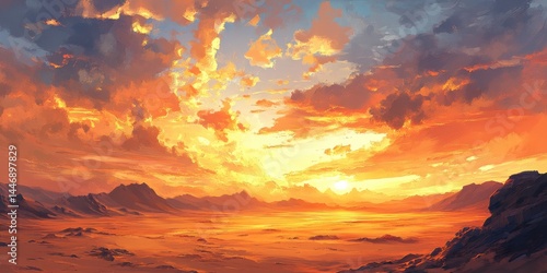 A fiery sunset over a vast desert landscape, with a glowing sky and distant mountains