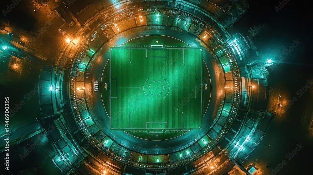 Obraz premium Night Stadium Aerial View: Illuminated Soccer Field