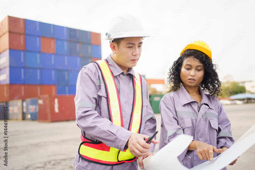 Businesswoman and logistic or shipyard engineer have a discussion or business due at container yard. Businesswoman and logistic or shipyard engineer have a discussion or business due at container yard.