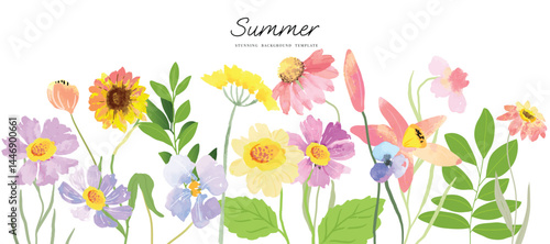 Summer floral art on white background vector illustration. Watercolor hand painted botanical flower, leaves, eucalyptus, wildflower. Design for wallpaper, banner, card, print, wedding. 