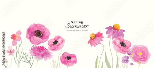 Summer floral art on white background vector illustration. Watercolor hand painted botanical flower, leaves, eucalyptus, wildflower. Design for wallpaper, banner, card, print, wedding. 
