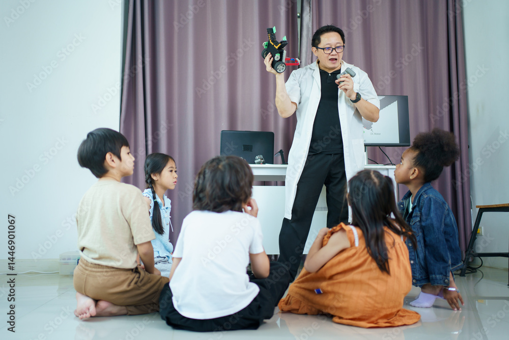Fototapeta premium Group of diverse children enjoy learning about the STEM.