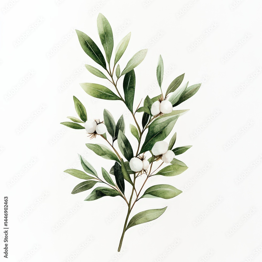 Elegant Green Leaves with White Berries on Minimalist Background Elegant Green Leaves with White Berries on Minimalist Background