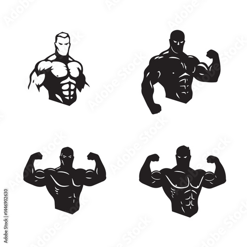 Male fitness character illustrations featuring flexing muscle men suitable for sports branding gym gear posters gymwear

