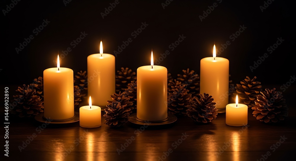 Burning Candles with Pine Cones on a Wooden Table Burning Candles with Pine Cones on a Wooden Table
