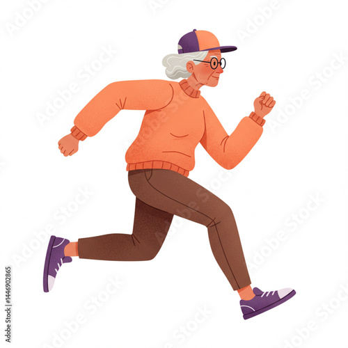 Stylized Vector Illustration of an Elderly Woman Running with Energetic Movement and Fitness Theme