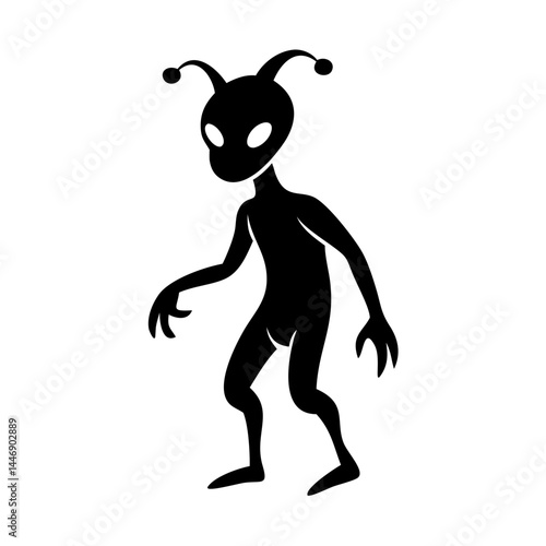Black and white silhouette of a creepy alien standing on two legs