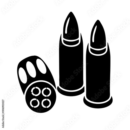 Two standing bullets and a rotary magazine in black and white illustration