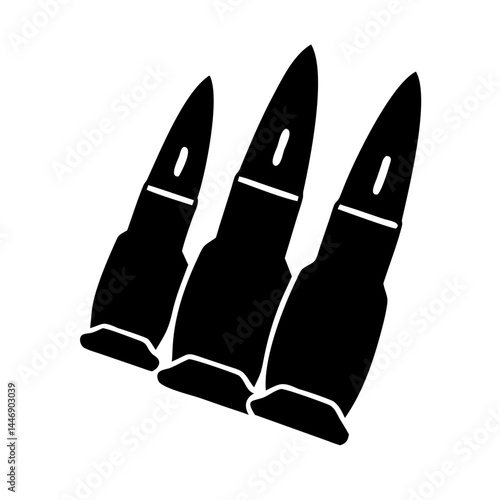 Silhouette of three rifle bullets, ammunition, military weaponry, black and white image