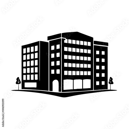 Sleek black and white building complex illustration with simple trees present