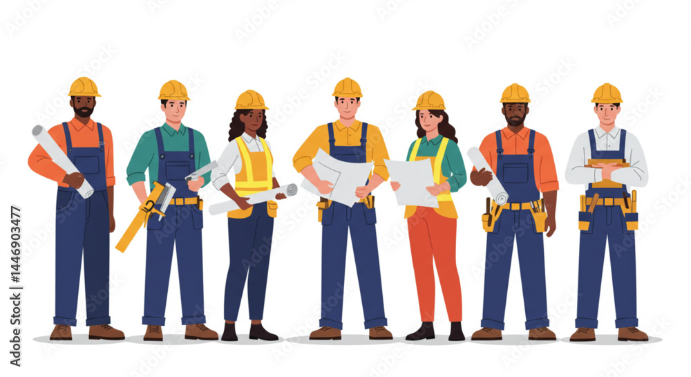 Obraz premium Diverse Team of Construction Workers on Building Site in Modern Vector Illustration