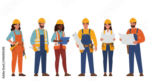 Diverse Team of Construction Workers on Building Site in Modern Vector Illustration