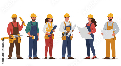 Diverse Team of Construction Workers on Building Site in Modern Vector Illustration