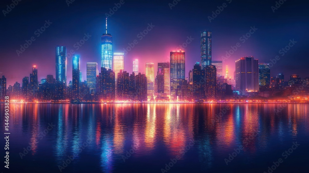 City skyline at night with colorful lights reflected in water. City skyline at night with colorful lights reflected in water.