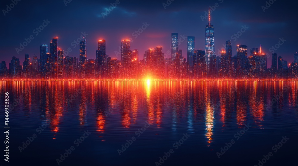 Fototapeta premium City skyline reflected in water with a bright orange glow at sunset.