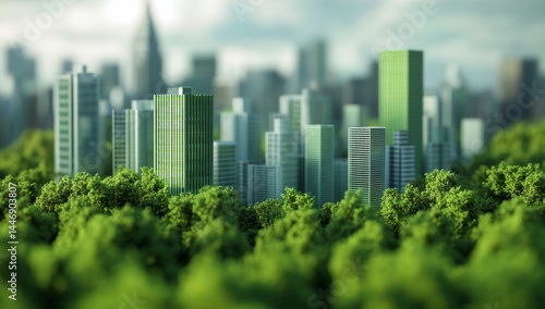 Sustainable city skyline nestled in lush greenery.  Modern buildings surrounded by a thriving forest.  Environmental harmony