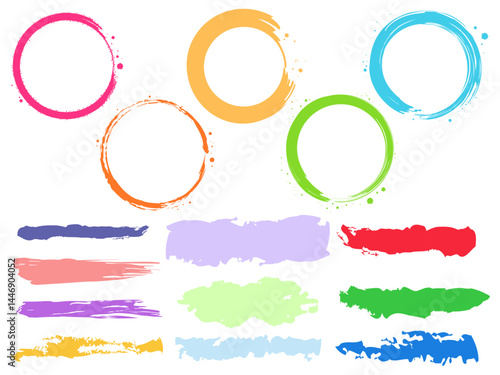 毛筆で書いたカラフルな線と円の素材セット