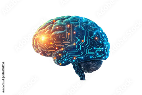 A glowing brain merges with circuitry, symbolizing artificial intelligence, neural connections, and future technology, isolated on a transparent background