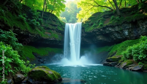 Waterfall cascading through emerald forest canopy, cascade, foliage