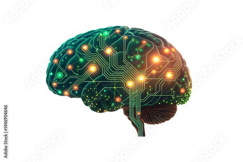 A vibrant brain glows with neural circuits and colorful lights, representing intelligence and digital thought, isolated on a transparent background