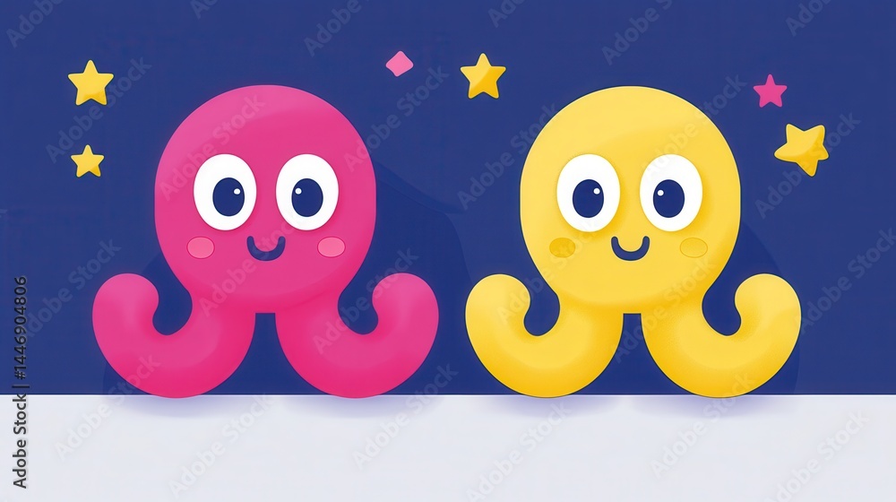 Obraz premium Delightful pink and yellow octopus duo with pixelated texture on blue starry background creates fun cheerful and playful vibe perfect for kids