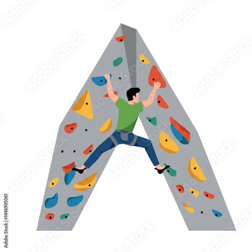 Minimalist Illustration of Man Bouldering on Indoor Climbing Wall with Colorful Holds