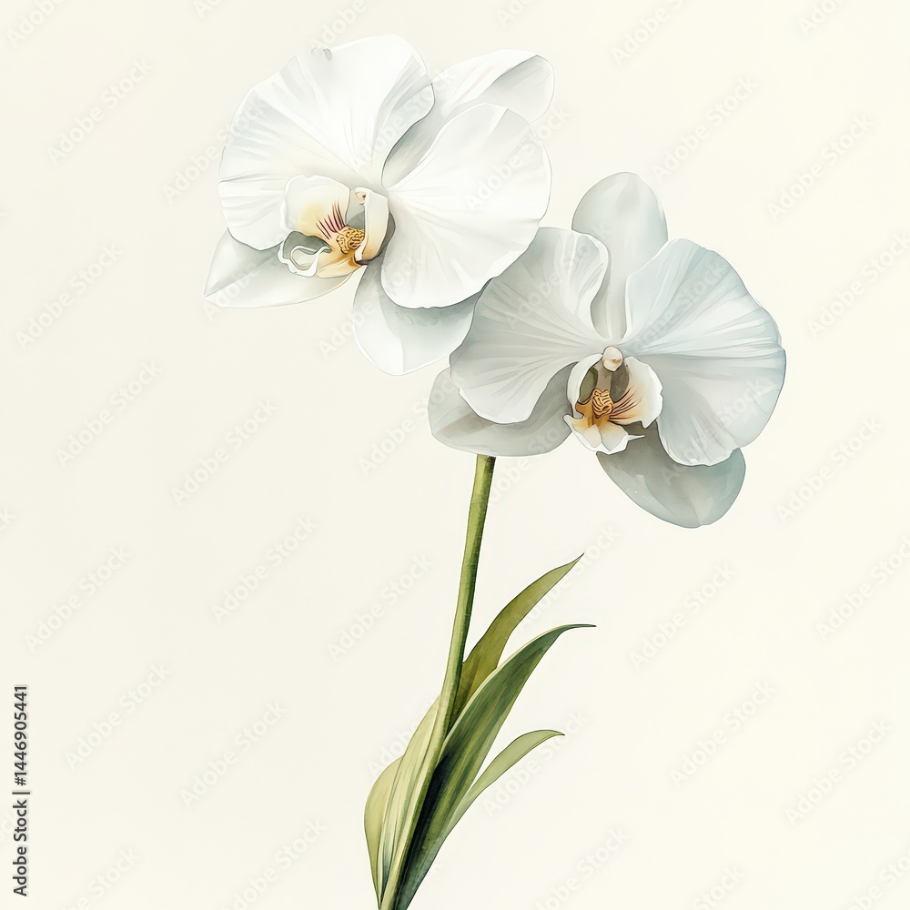 Obraz premium Elegant White Orchid Blooms on Soft Background with Green Leaves
