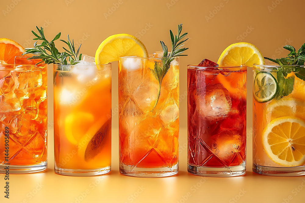 Fototapeta premium Refreshing summer cocktails with citrus fruit ice and aromatic herbs