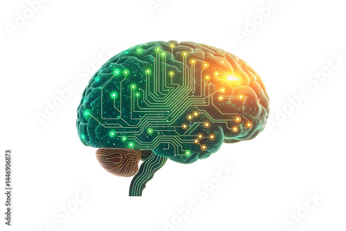 Glowing green nodes illuminate a translucent brain model, showcasing connections and data-processing pathways, isolated on a transparent background