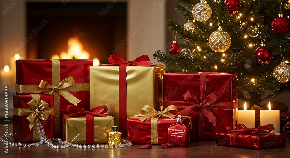 Festive Christmas gifts by a fireplace add warmth and charm to the holiday season Festive Christmas gifts by a fireplace add warmth and charm to the holiday season