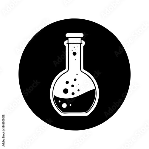 Monochrome representation of a laboratory flask with liquid and bubbles inside