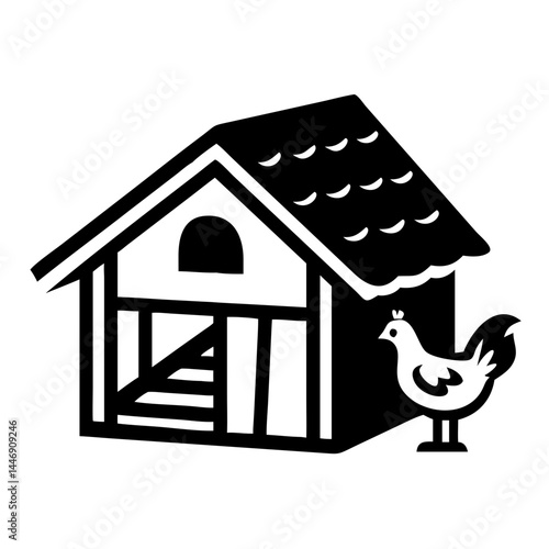Stylized Black and White Chicken Coop Illustration with a Farm Bird