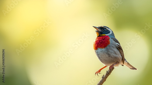 A beautiful colorful sparrow opening it beck and seeing into the sky.