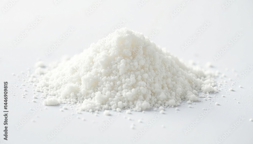 Pile of white granulated sugar on white background, granulated, still life Pile of white granulated sugar on white background, granulated, still life