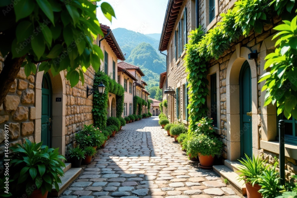 Fototapeta premium Winding cobblestone street lined with ancient stone buildings and lush greenery , cobblestone, street