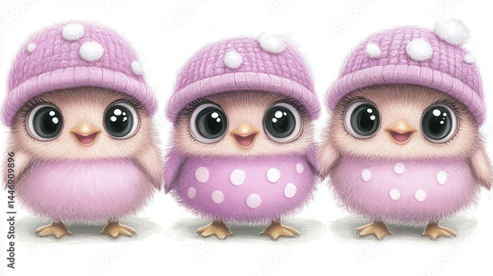 Fototapeta premium Whimsical avian trio adorned in lilac polka-dot attire a celebration of spring charm and innocent delight capturing the essence of adorable springtime aesthetics