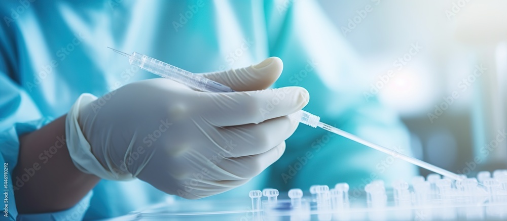 Close-up of a Scientist's Hand Holding a Syringe in a Laboratory Close-up of a Scientist's Hand Holding a Syringe in a Laboratory