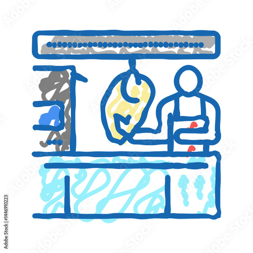 worker control chicken carcass in factory icon doodle illustration