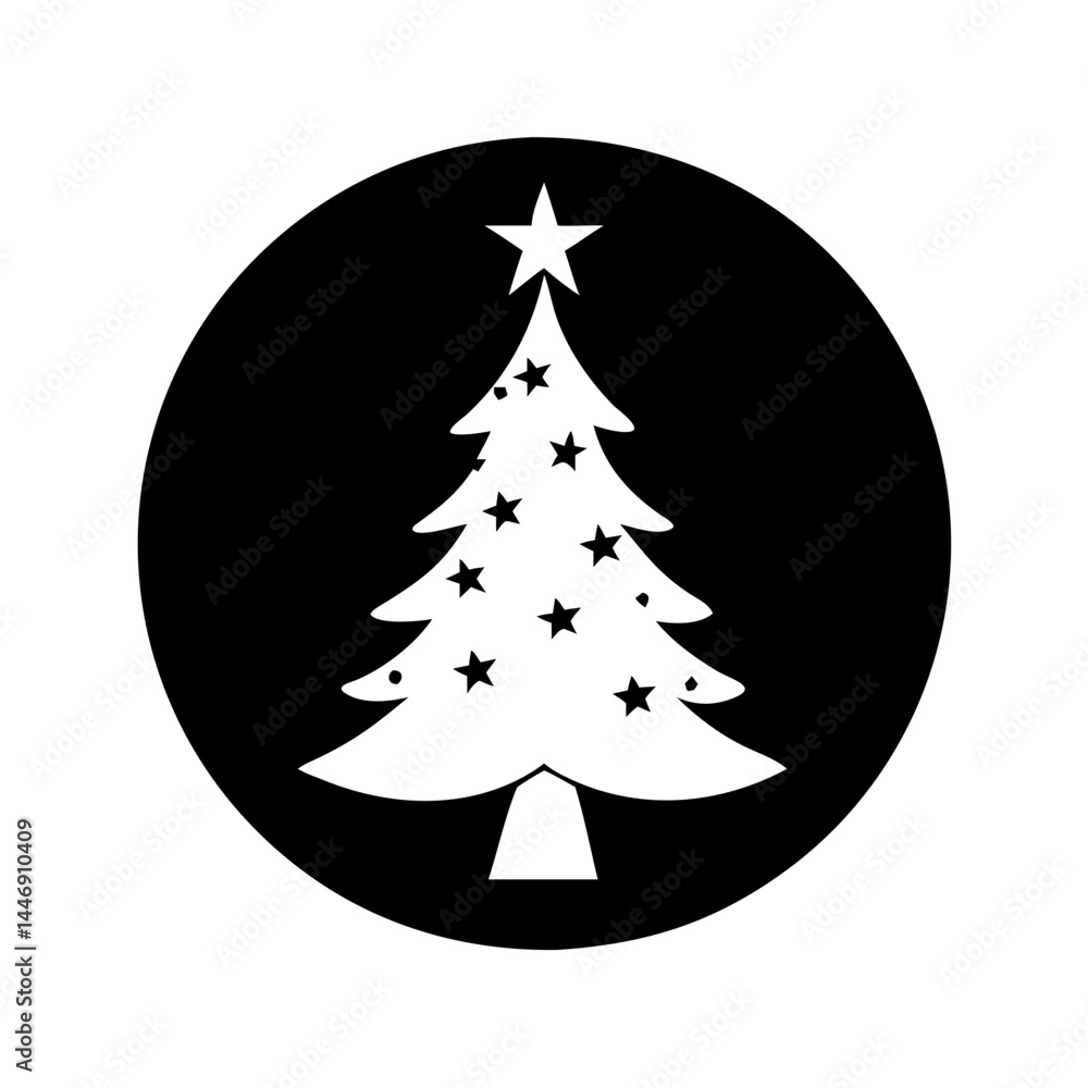 Fototapeta premium Simple monochrome Christmas tree with star decoration inside a circle