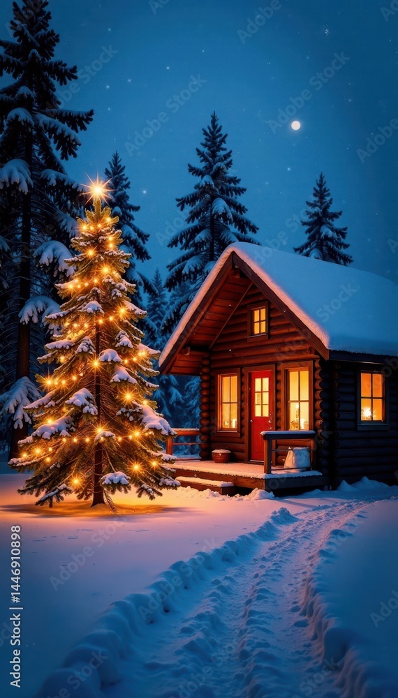 Fototapeta premium Wooden cabin with Christmas tree lit up in the snow, snowflakes falling, snowy woods
