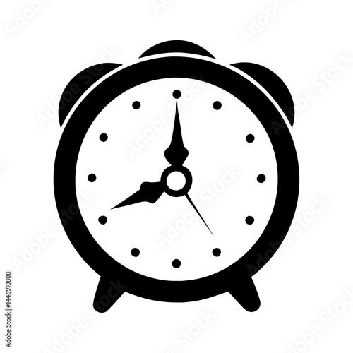 Black silhouette of a classic alarm clock with round face and bells
